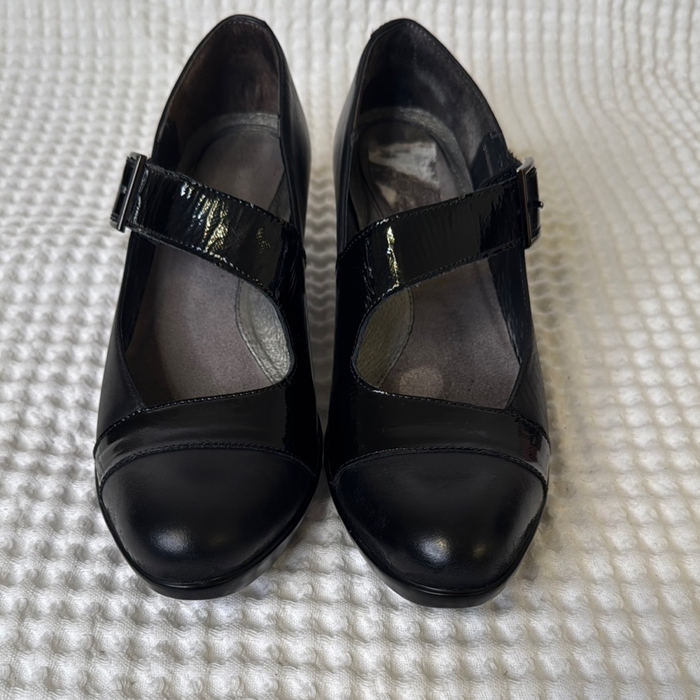 Naot Black Heels with Polished Leather and Strap